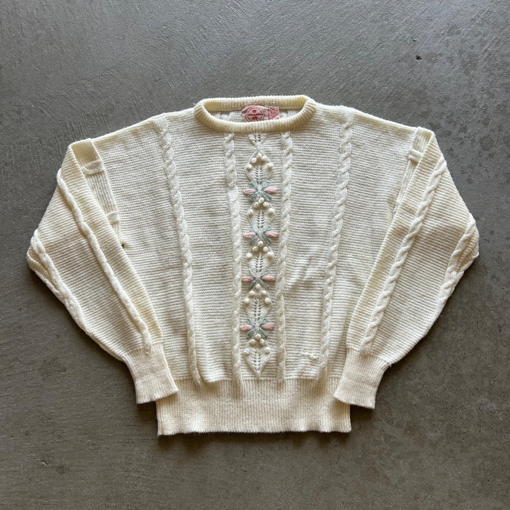 Vintage 80s Chinawear Cable Knit Sweater Womens Medium Cream Pullover Floral